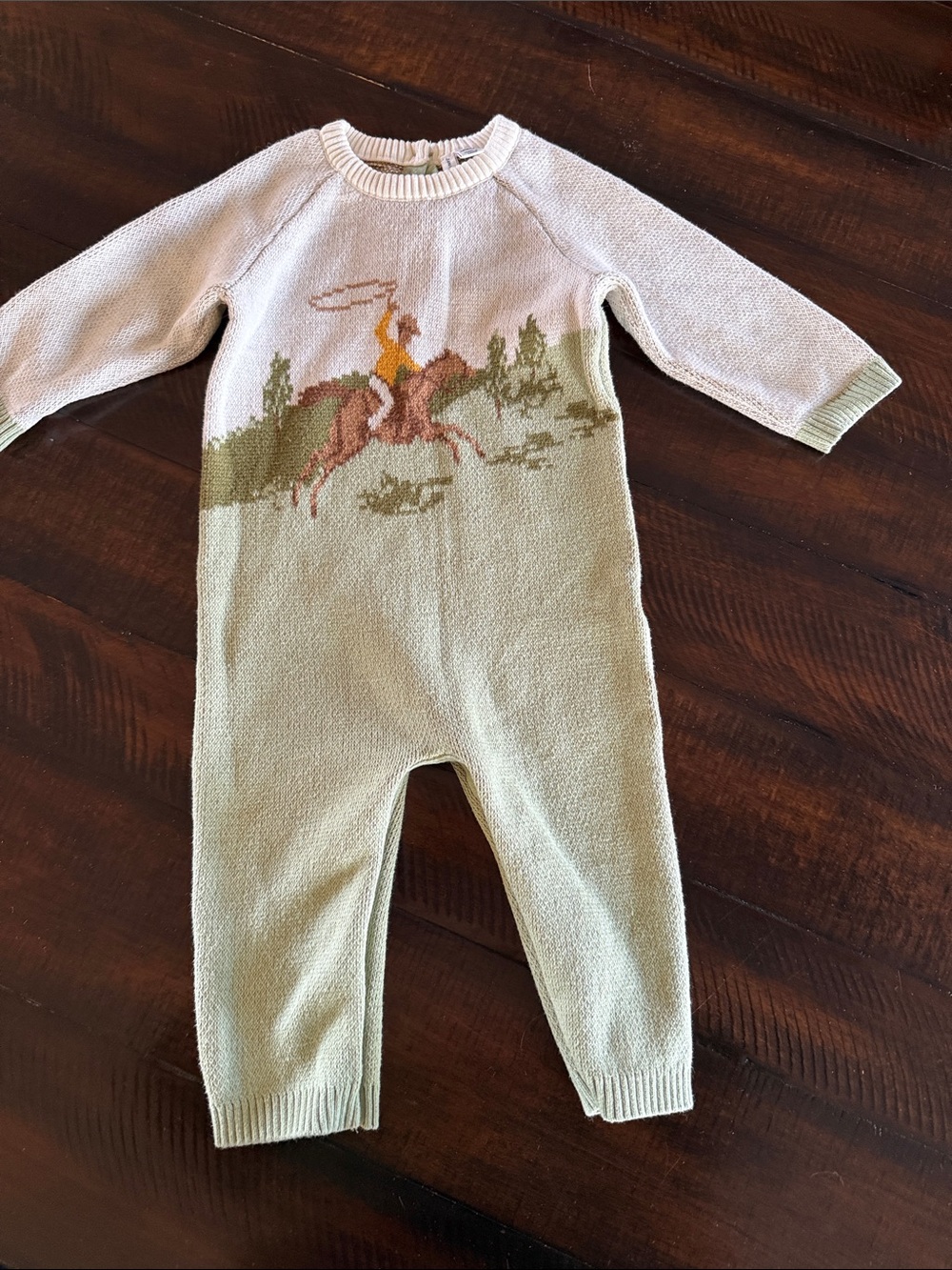 Kids One-Piece Knit Romper in Sage and Cream with Rodeo Motif